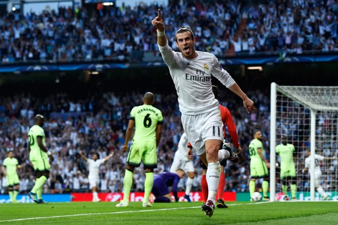 Gareth Bale celebrates Real Madrid’s winner. Photograph Francisco Seco AP