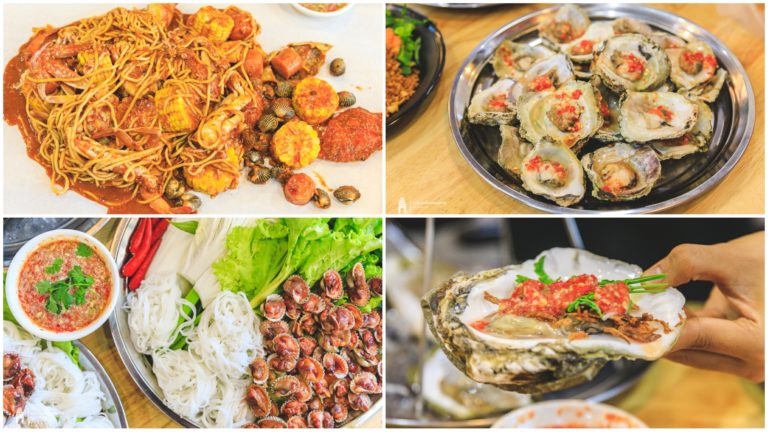 គ្រឿងសមុទ្រក្រឡុកដ៏មានរសជាតិ គ្រឿងសមុទ្រស្រស់ៗ សាច់អាំងដ៏ឈ្ងុយឆ្ងាញ់មានមួយកំប្លេ នៅហាង សមុទ្រអនុស្សា